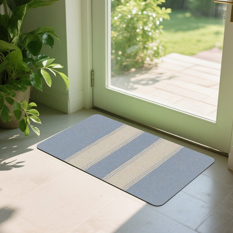Blue Beige Striped Doormat, 24L x 36W, for Entrance Porch
