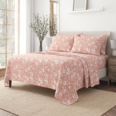 Ensemble de draps Queen ultra doux - 4 pièces en microfibre avec poches profondes - Motif floral primevère rose argile, infroissable