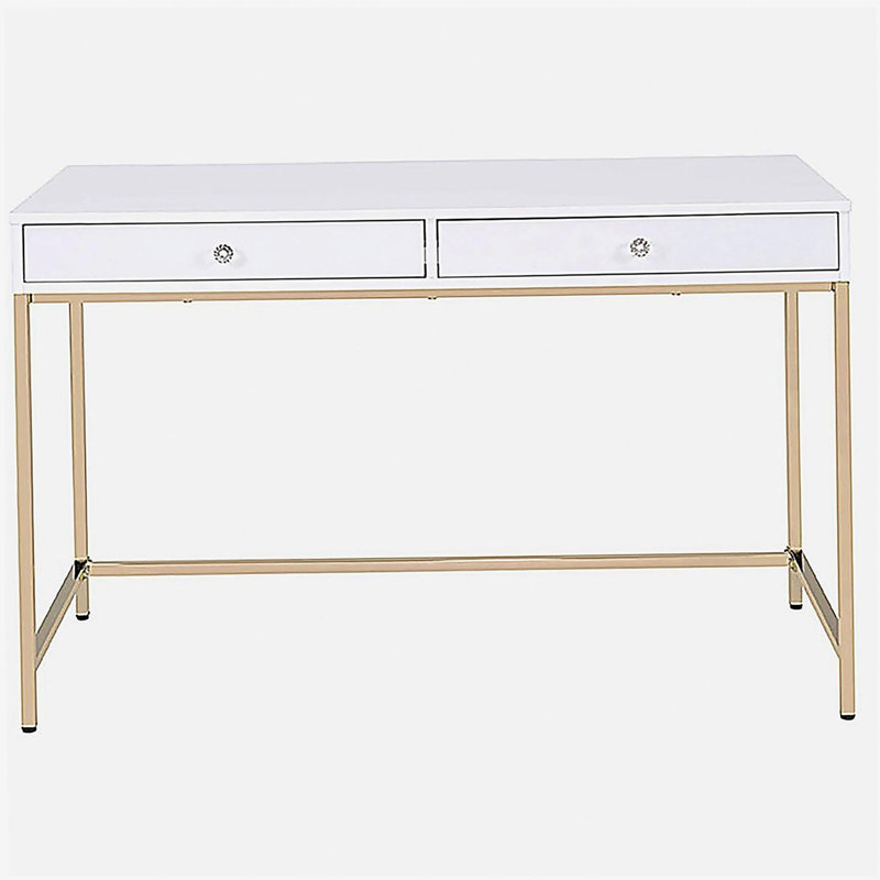 White glossy gold edge 2 drawer writing desk