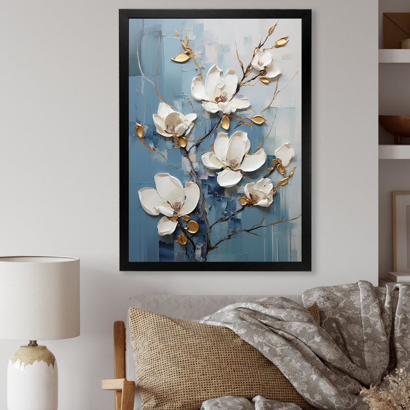 «Elegant White and Blue Magnolias Serenity I» sur toile, 40" H x 30" W, Gold Picture Framed