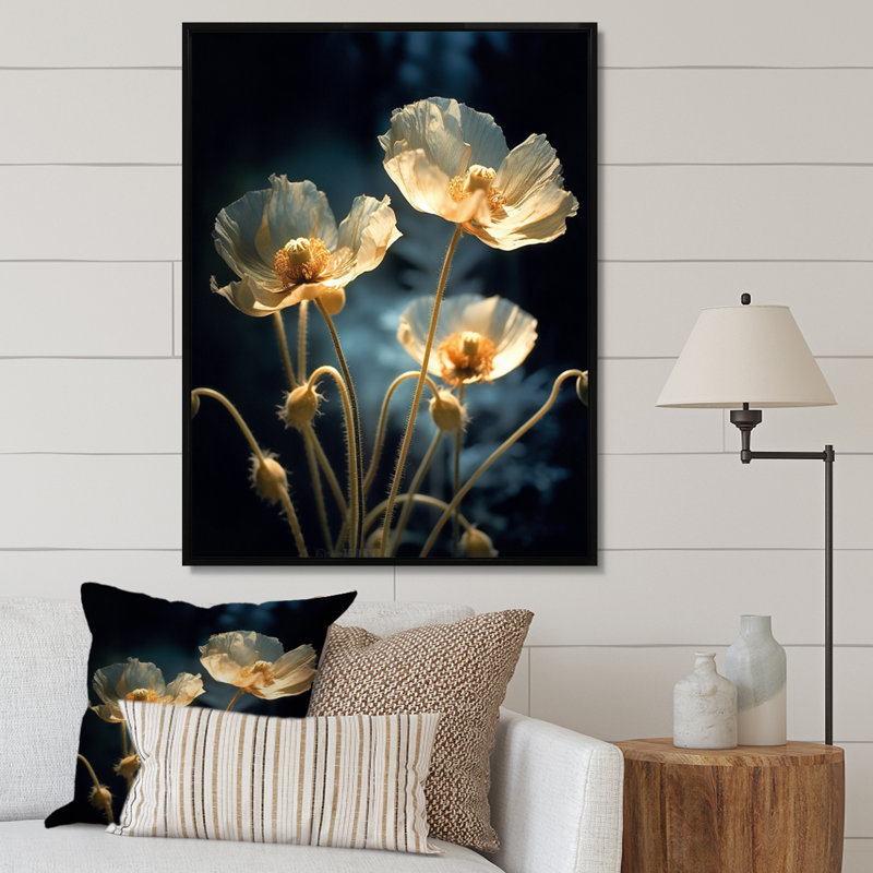 «Cream Vibrant Poppies II», reproduction sur toile, Cadre flottant noir, H 20 po x l 12 po x P 1 po