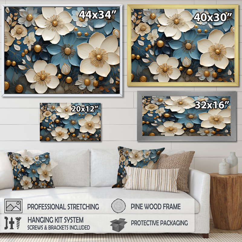 «Golden Golden» et «White Seasonal Flowers Dream V» sur impression sur toile, Cadre simple noir, H 16 po x l 32 po x P 1 po