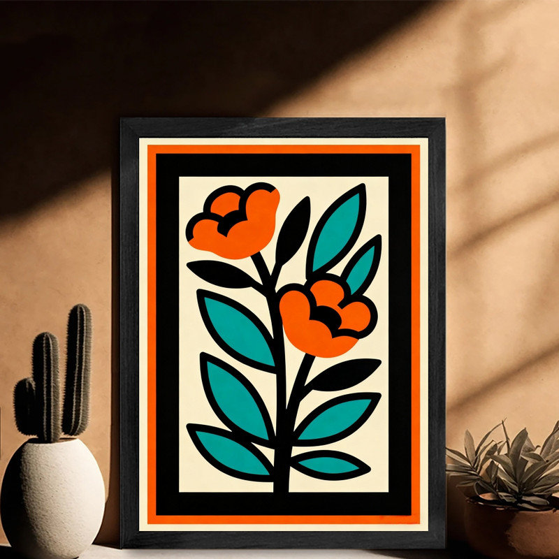 Art mural rétro noir avec motif floral - décorations bohème Mid-Century, H 17 po x l 13 po