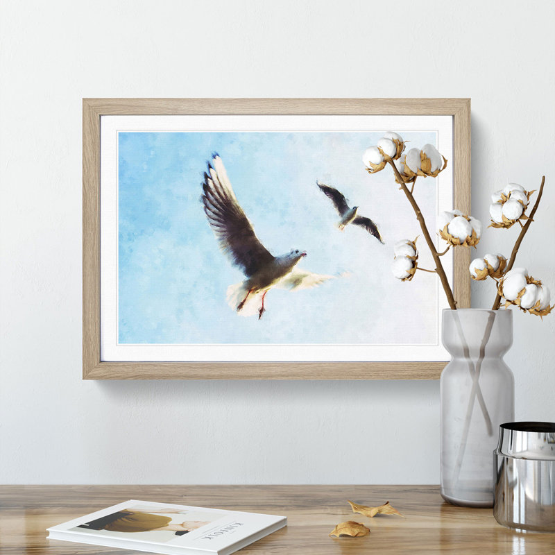 Pair Of Flying Seagulls - Single Picture Frame Print on MDF, 33cm H x 45cm W x 2cm D, Oak