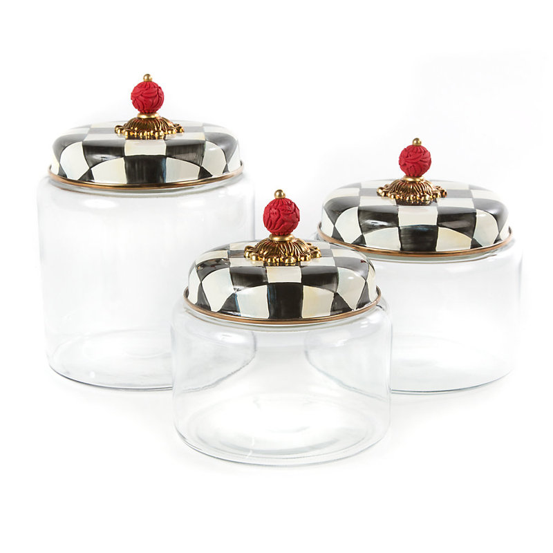 Elegant Courtly Check 7" Black Glass Kitchen Canister with Faux-Cinnabar Knob