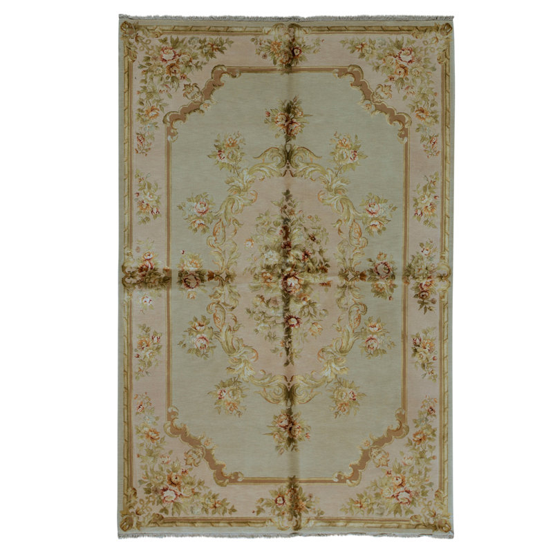 Tapis céladon et bisque noué à la main de haute qualité