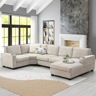 119.00×67.00×32.00 Inch U-Shaped 6-Seat Chenille Sectional Sofa, Irregular Corner & Cup Holders, Oversized Chaise Lounge With Deep Wide Seat For Living Room Apartment Beige
