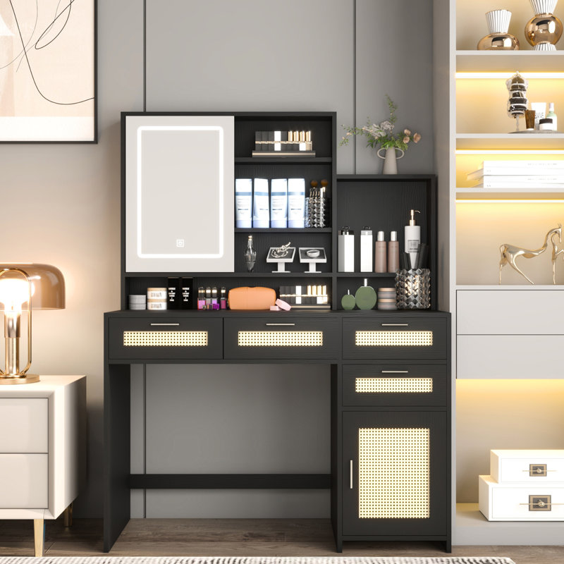Vanity With 3 Color Show & Openable Mirror, 4 Voluminous Drawer 1 Cabinet, Bedroom Shining, Black Makeup System Drawers Style,
