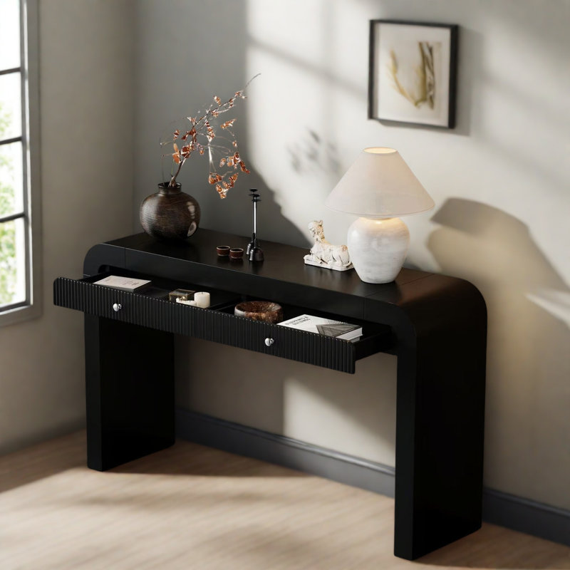 Console rustique avec 2 tiroirs, conception cannelée, coins courbés et pieds épais