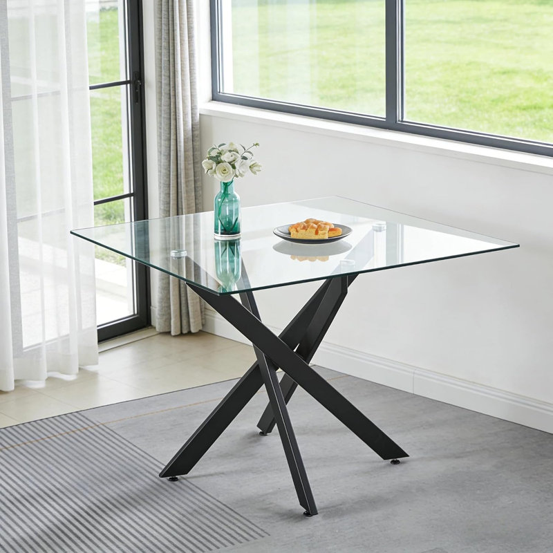 36'' Square Tempered Glass Dining Table with Modern Black Metal Legs, Seats 2-4, Square-Black