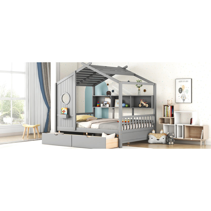 Lit double gris avec forme de maison en bois, 2 tiroirs et tablette de rangement pour anneaux, tablette à structure en pin