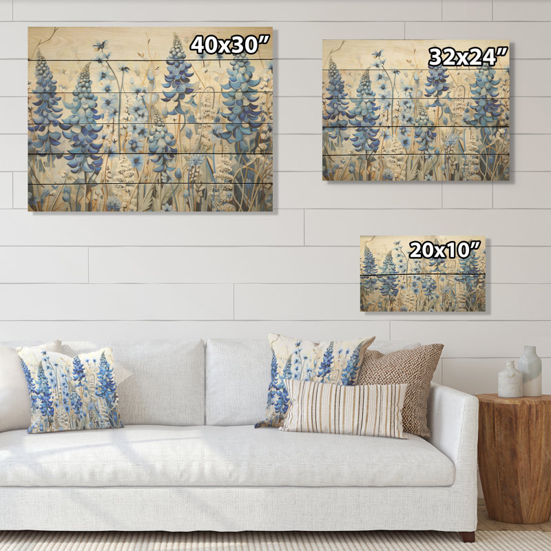 Elegant Blue Bonnets Meadow - Blue Bonnets Wood Wall Art On Natural Pine Wood, 24" H x 32" W