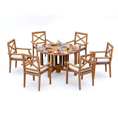 3 Pcs Grade-A Teak Wood Dining Set: 48" Round Butterfly Table  Damarrea Stacking Arm Chairs #11GR0902