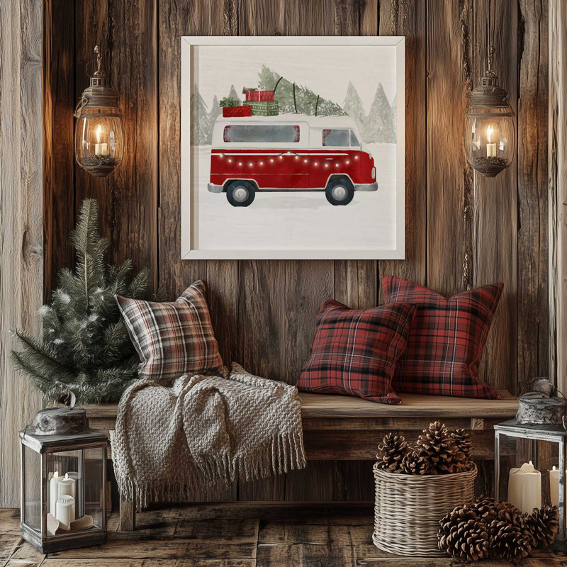Impression de camionnette de Noël rétro, H 21,75 po x l 21,75 po, Cadre simple en or brossé, bois massif