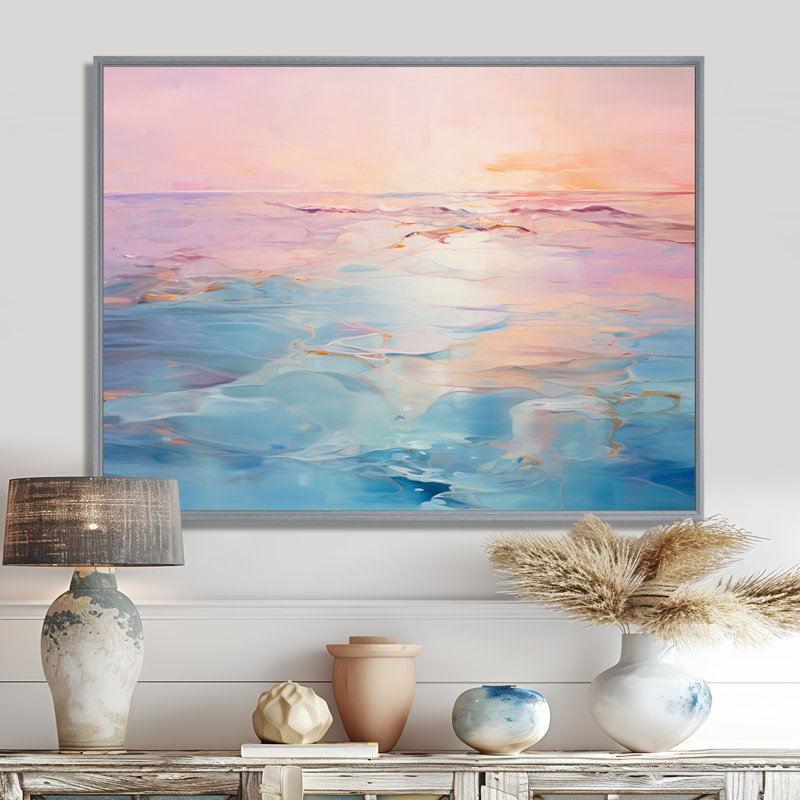 Rose et bleu pastel coucher de soleil - vagues côtières, art mural, H 34 po x l 44 po, Argent
