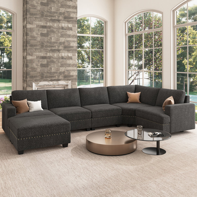 Canapé modulaire en U avec repose-pieds Anureet, Oui, Polyester gris foncé