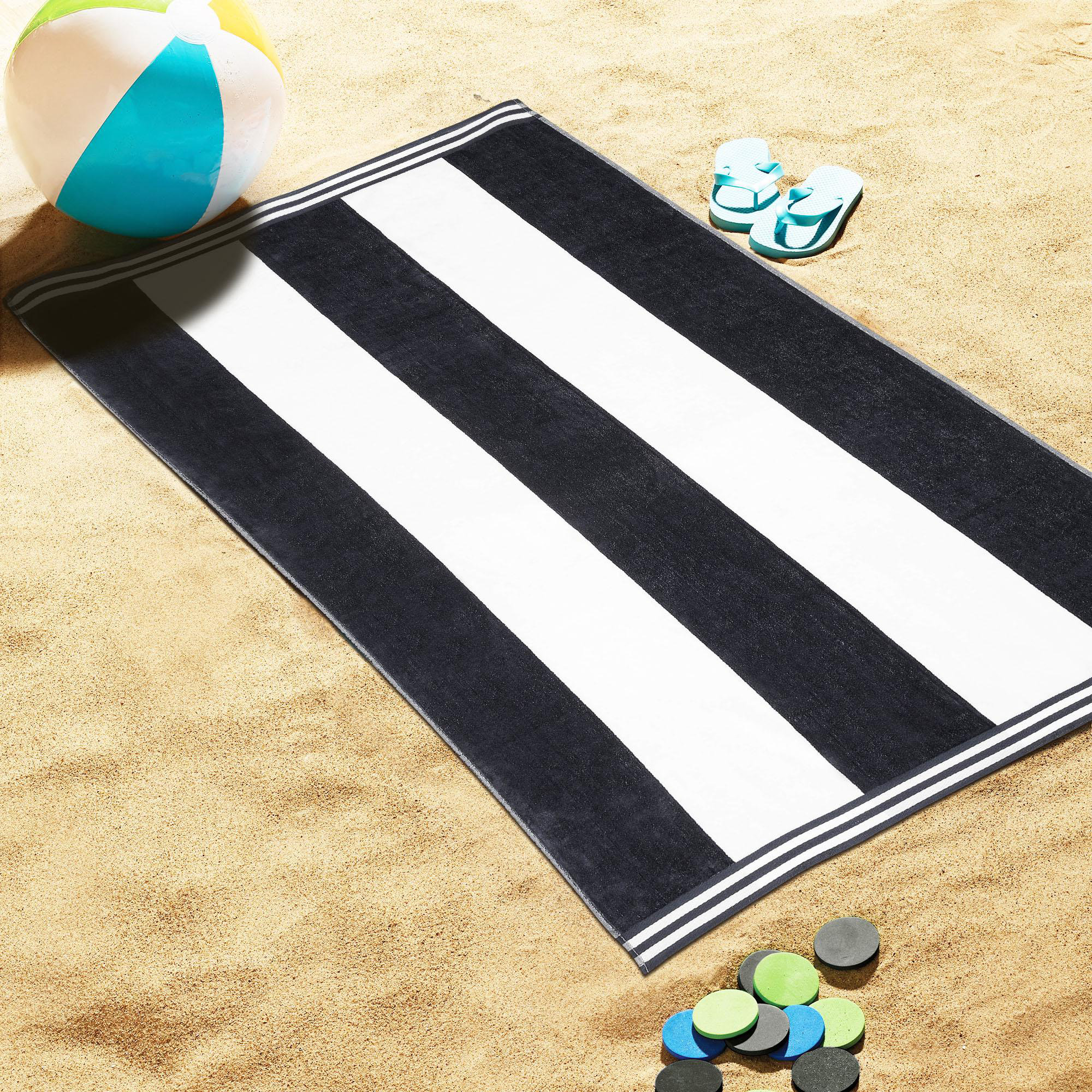 Calheta Cotton Oversized Cabana Stripe Beach Towels, Charcoal, 1