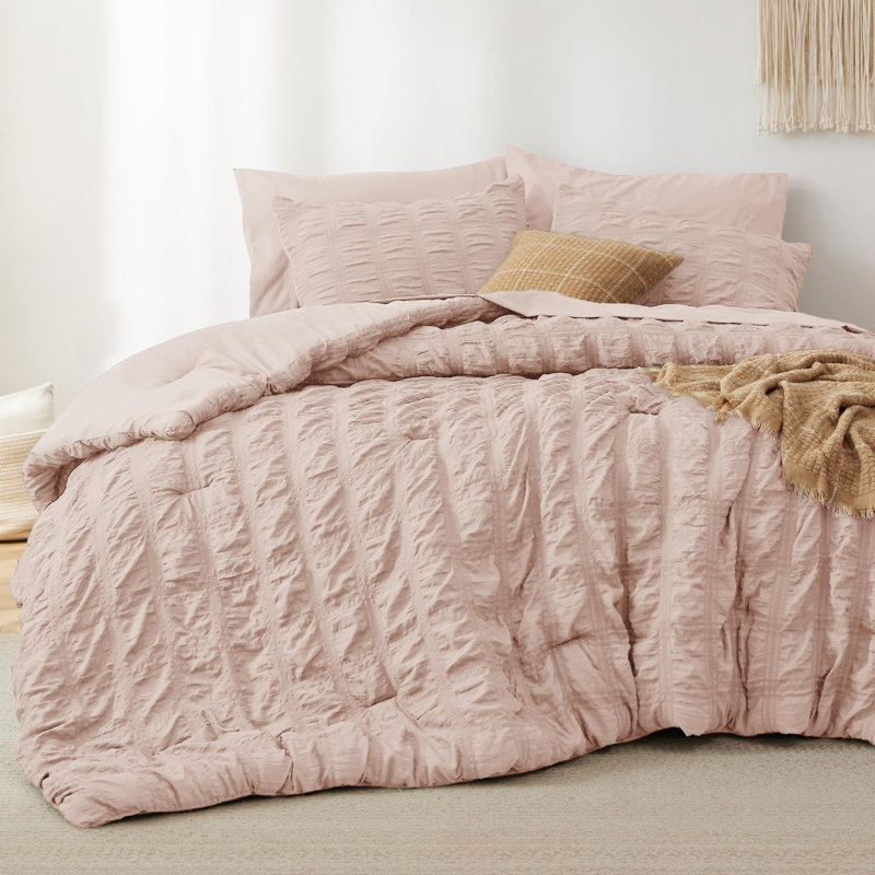 Ensemble de literie complet dans un sac - Ensemble d'édredon à motif écossais 7 pièces, ensemble d'édredon doux et léger rose poudré avec édredons, draps, taies d'oreiller et taies décoratives