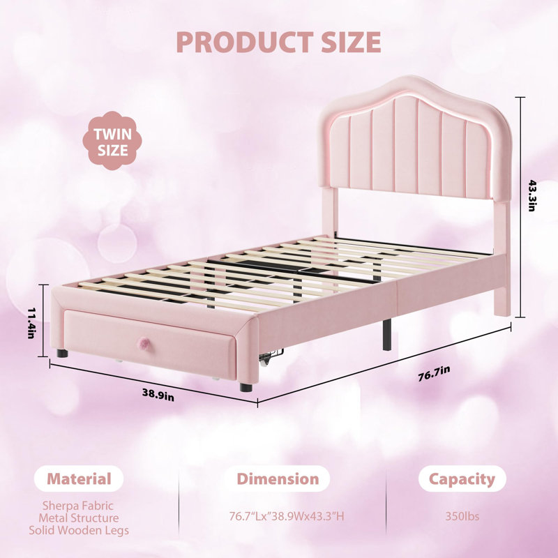 Twin Velvet Upholstered Bed Frame with LED Lights, Storage Drawer & Headboard for Kids, All Pink