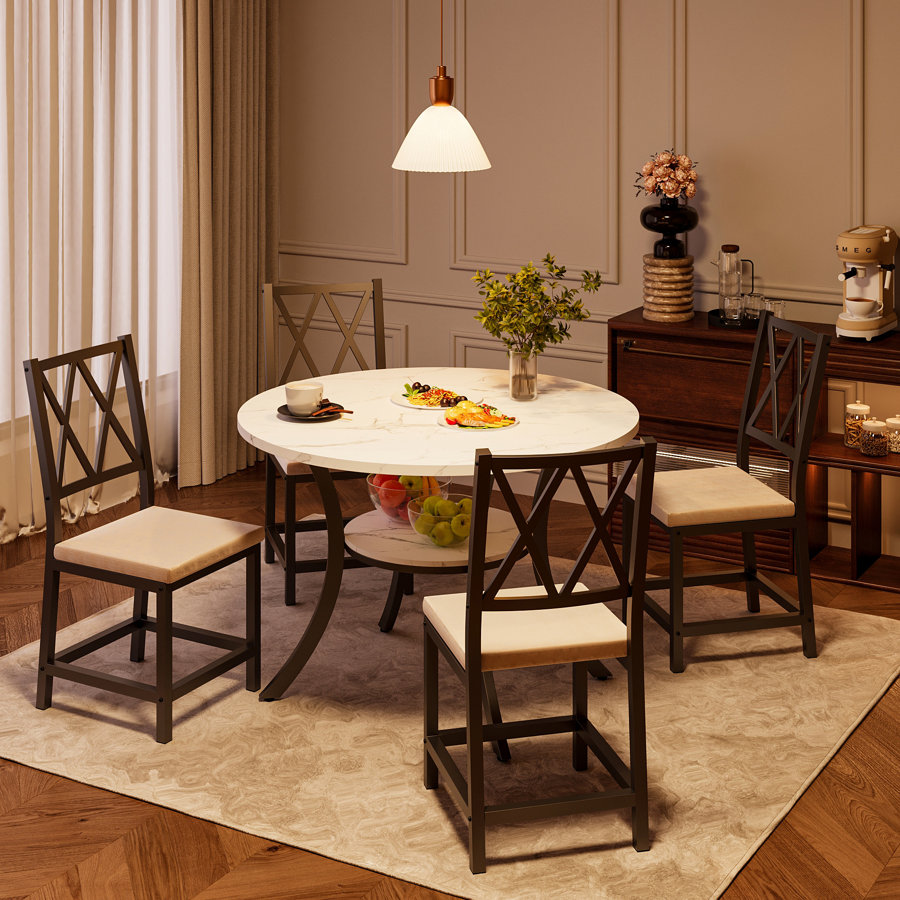 5 Pieces 35.4ββ Transitional Style Round Dining Table Set, Extendable Folding Kitchen Dining Table Set For 4 With 4 PU Upholstered Dining Chairs