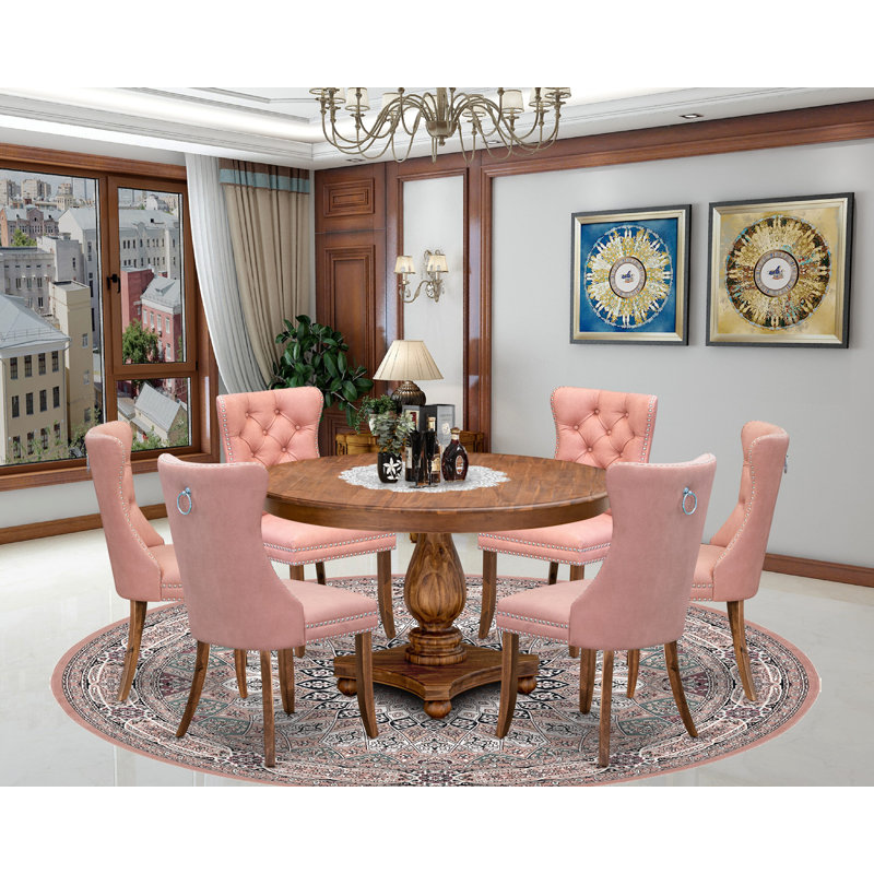 Ensemble de vaisselle de 7 pièces contenant une table de style Mid-Century et 6 chaises rembourrées en tissu de polyester rouge beige avec dossier capitonné, noyer antique