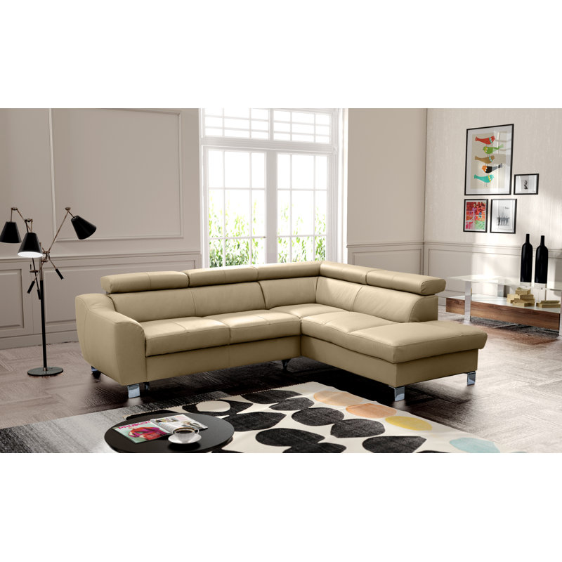 Aribel Faux Leather Corner Sofa with Sleeping Function and Storage Box with Adjustable Headrests , Beige, Right Hand Facing