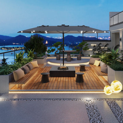 15FT Brown Double-Sided Patio Umbrella with Solar LED Lights Heavy-Duty Rectangular Outdoor Market Parasol   UV & Fade Resistant Shade