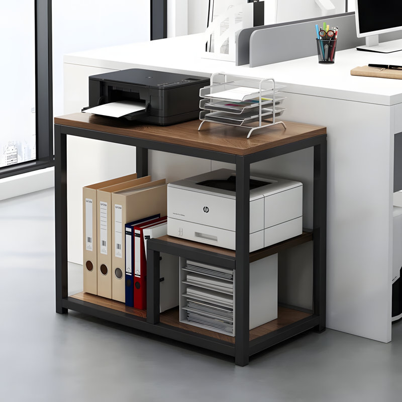 Étagère de rangement à plusieurs niveaux pour imprimante, livres et fournitures de bureau avec cadre en métal robuste et plateau en bois