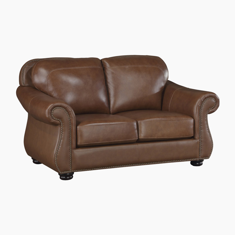 Aurian 64" Traditional Top Grain Leather Upholstery Loveseat with Sophisticated Nailhead Trim, Stylish Espresso Wood Feet