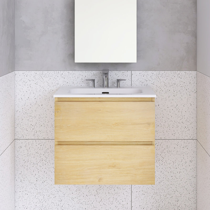 Meuble-lavabo mural avec lavabo en céramique et trois trous de robinet, Jaune, 24"