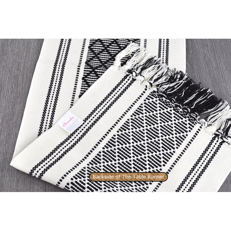 Boho Cotton Woven Table Runner With Tassels, 48" x 14", Black/Cream