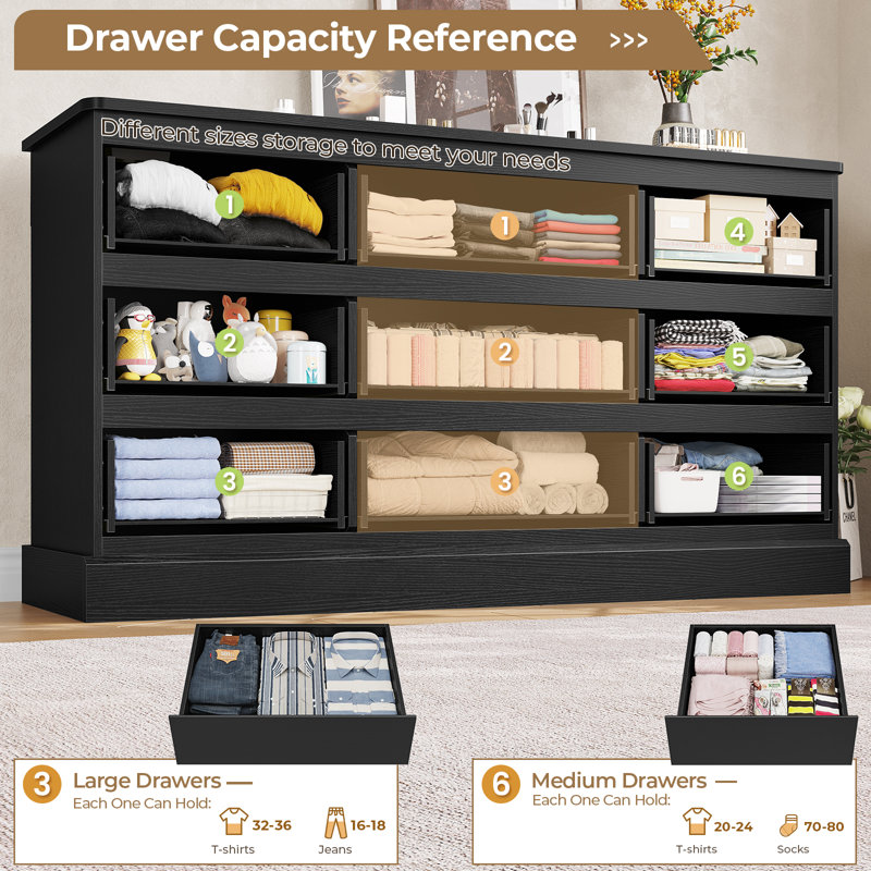 Modern Bedroom Dresser With 9 Drawers, Dresser Chest Of Drawers With Large Capacity Storage, Long Dresser, Black