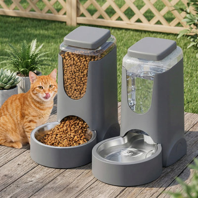 All-in-One Gravity Pet Feeder and Water Dispenser for Cats and Dogs, Includes Stainless Steel Bowl, Suitable for Small/Medium Pets, Puppies, Kittens, 1 Gallon Each for Food and Water