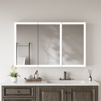 48 x 30 Inch LED Medicine Cabinet Mirror with 3 Color Dimmable Lights, Silver Recessed/Wall Mount Medicine Cabinets with 3 Adjustable Shelves, Frameless Bathroom Mirror with Storage, Plug-in/Hardwired, Anti-Fog, Time Temp Display