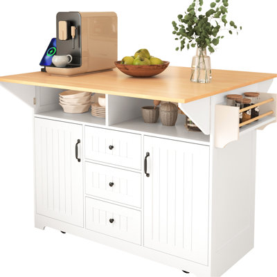 55.7'' Spacious Kitchen Island With 2 Drop Leaf, Rolling 5 Wheels, Charging Outlet, Folding Table, 3 Drawers, Towel Rack, White Wheels Mobility, Power Storage