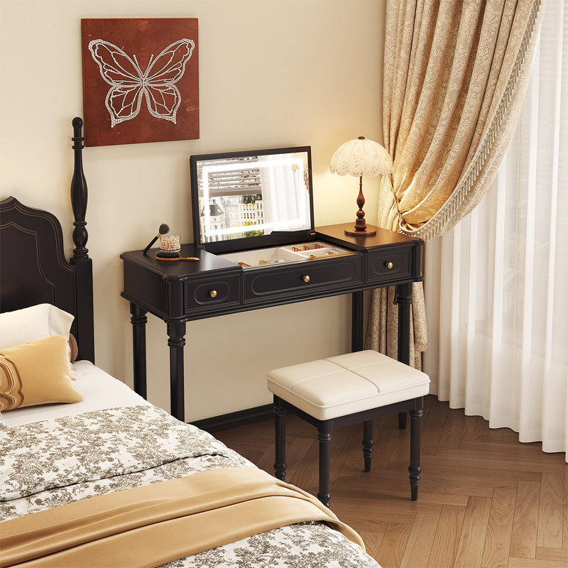 Coiffeuse noire de style français de 100 cm avec miroir rabattable, 29.53" H x39.37" W x15.75" D