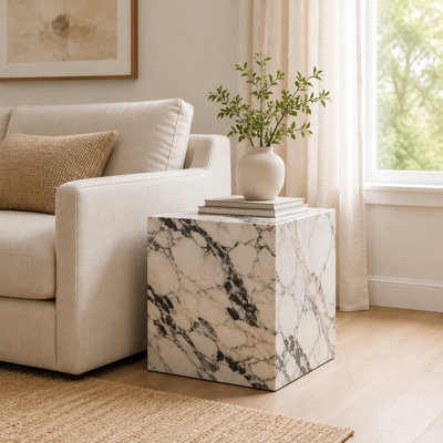 15.75" White Cube Textured MDF Coffee Table, Modern Stylish Living Room Accent