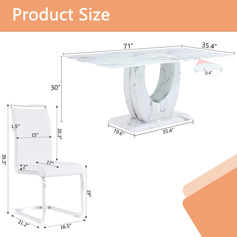 Table à manger en marbre - table 71 po x 35,4 po et 6 sièges en polyuréthane blanc, élégante chaise en verre trempé