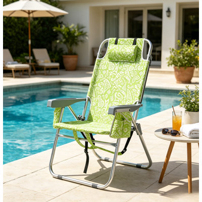 Chaise de plage pliante légère en aluminium avec appui-tête et poche de rangement latérale, chaise longue d'extérieur inclinable et réglable pour camping et terrasse