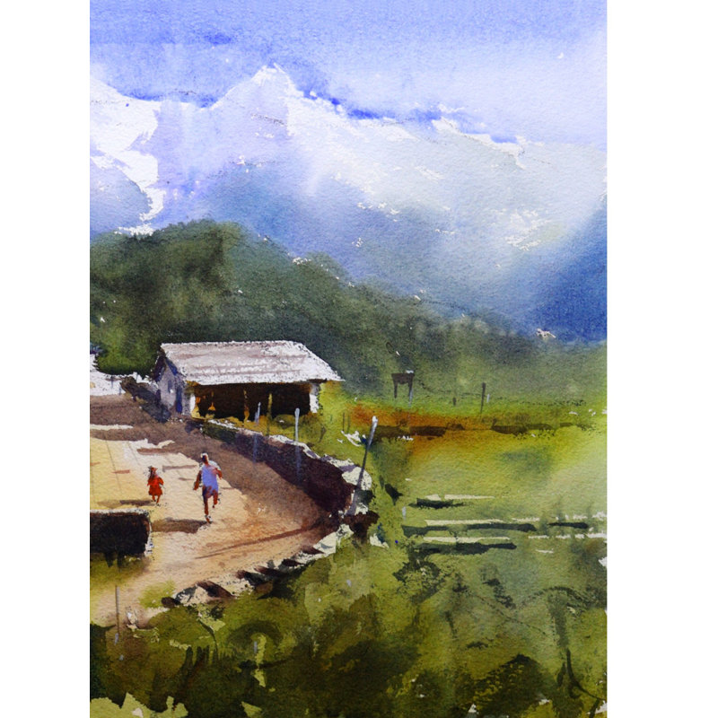 Mountain Village Serenade | Aquarelle par Achintya Hazra