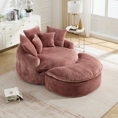 Sabio 54" Oversized Pink Bean Bag Lounger with Ottoman - Comfy Round Foam Sofa Chair for Adults