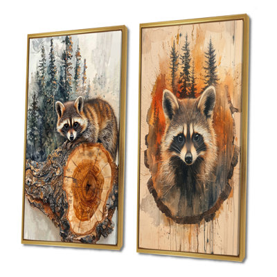 «Canadian Raccoon At Forest On Slide I», collection d'art sur toile 2 pièces