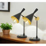 Two pieces of Devansh 23" Black Metal Geometric Desk Table Lamps With Black and Gold Cone Shade
