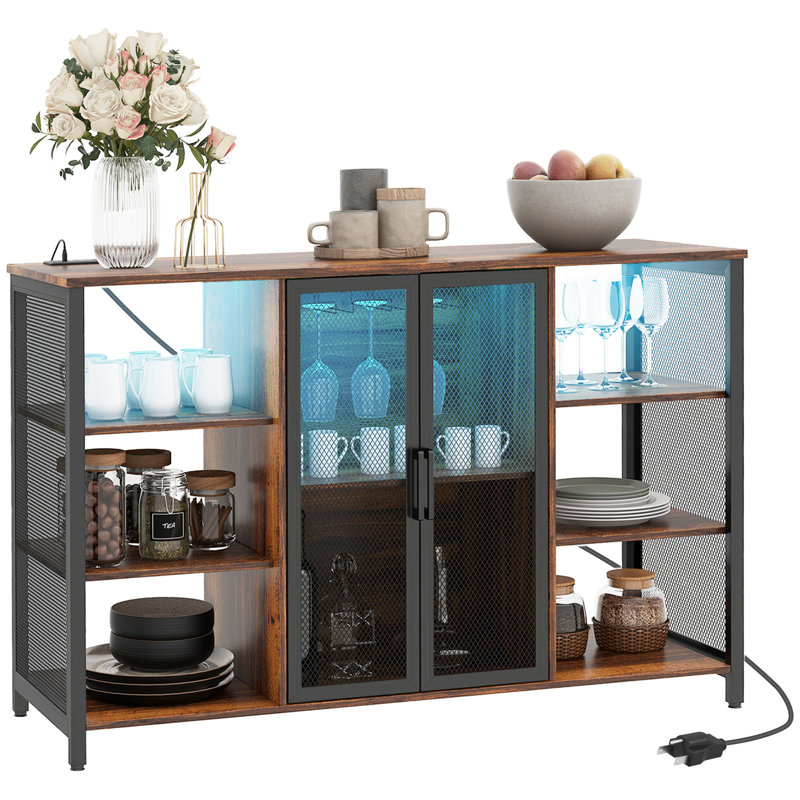 Armoire à vin rustique à DEL brun avec station de charge et porte-verres