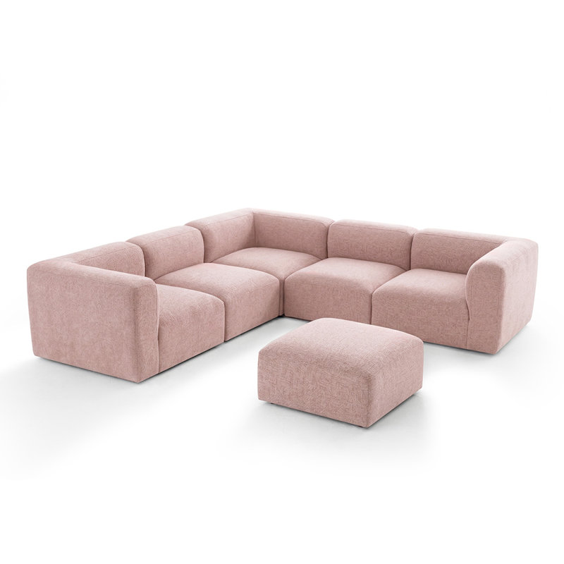 Canapé d'angle modulaire en L Bouclé avec pouf et assise profonde