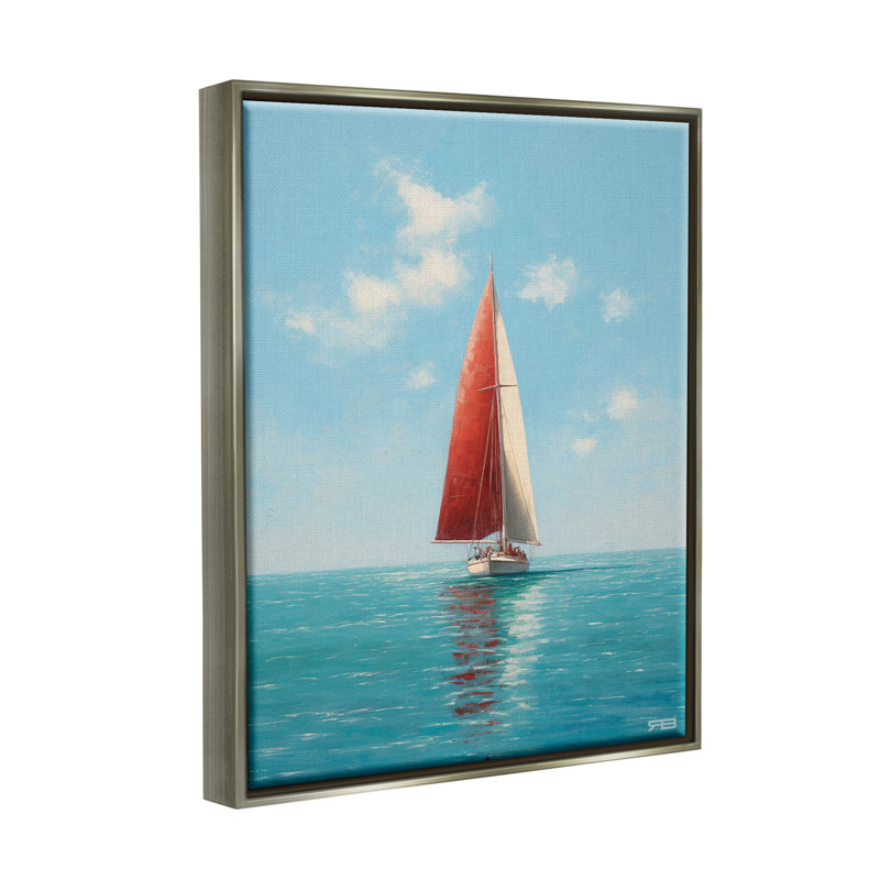 «Red Sailboat on Sea» par RB Floater, reproduction d'art sur toile, Cadre flottant gris lustré, H 20 po x l 16 po