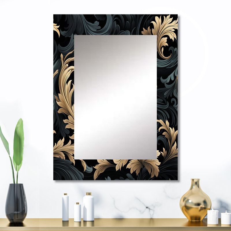 Tabria noir et or fleurs de damas - miroir décoratif damassé, miroir mural bohème, impression d'art en métal, 32 po x 24 po