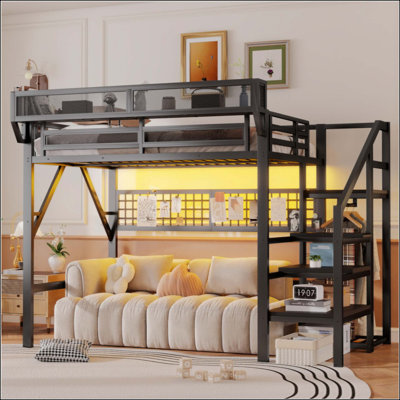 Lit mezzanine avec escalier, lit mezzanine en métal avec éclairage et rangement, lit mezzanine haut avec garde-robe et rangement pour enfants, adolescents, adultes