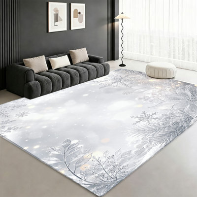 Winter Snowflake Floral Machine Washable Area Rug with Non‑Slip Backing, White Silver Christmas Pattern Floor Carpet, Cozy Indoor Home Decor for Living Room, Bedroom, Entryway, Front Door, Kitchen, Balcony, Apartment