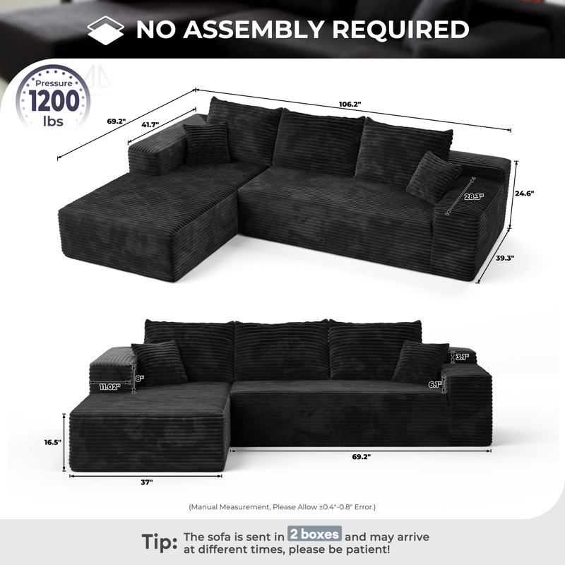 Canapé modulaire en nuage de 106 po avec méridienne longue, canapé modulaire en forme de L sans siège avec assise profonde, canapé-lit moelleux en velours côtelé confortable, aucun assemblage requis pour le salon